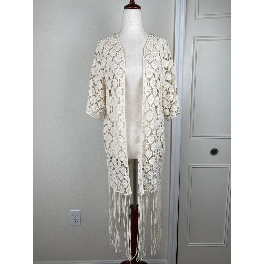 Raj OS Fringe Crochet Cardigan Long Duster Western Cowgirl Coastal Festival Open